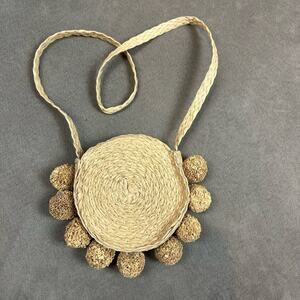 Woven Straw Shoulder Bag Round Pom Poms Crossbody Purse Women's Beachy Boho